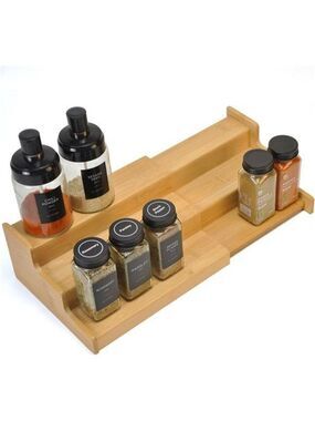 adjustable bamboo spice rack organizer 3 tier kitchen cabinet pantry shelf stora